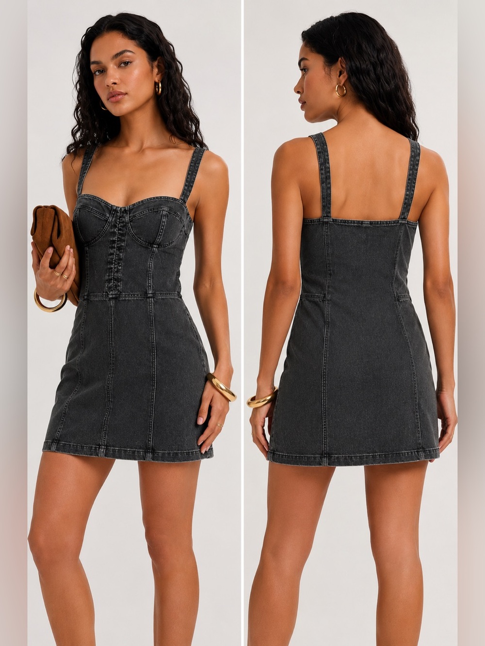 Free People Washed Black Stretch Cotton Mini Dress NWT Size L